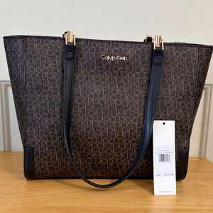 Calvin Klein Signature Monogram Tote in Brown and Black Purse New
